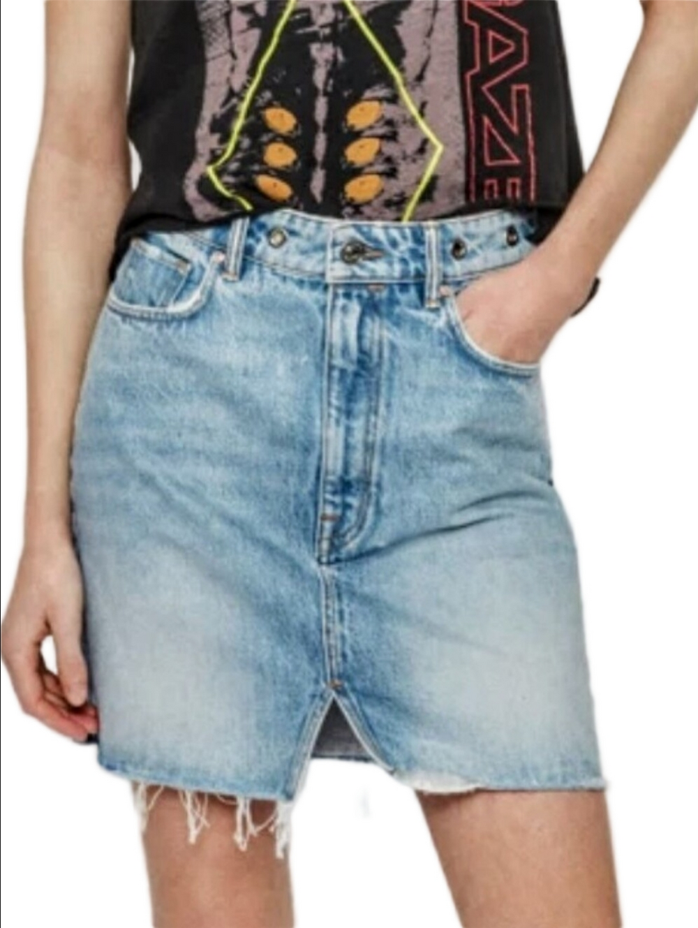 🆕 ALL SAINTS "LILA" LIGHT DENIM MINI SKIRT WITH WAIST SILVER EYELETS GROMMETS